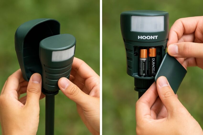 Hands sliding off the front cover and inserting two AA batteries into the Hoont sprinkler