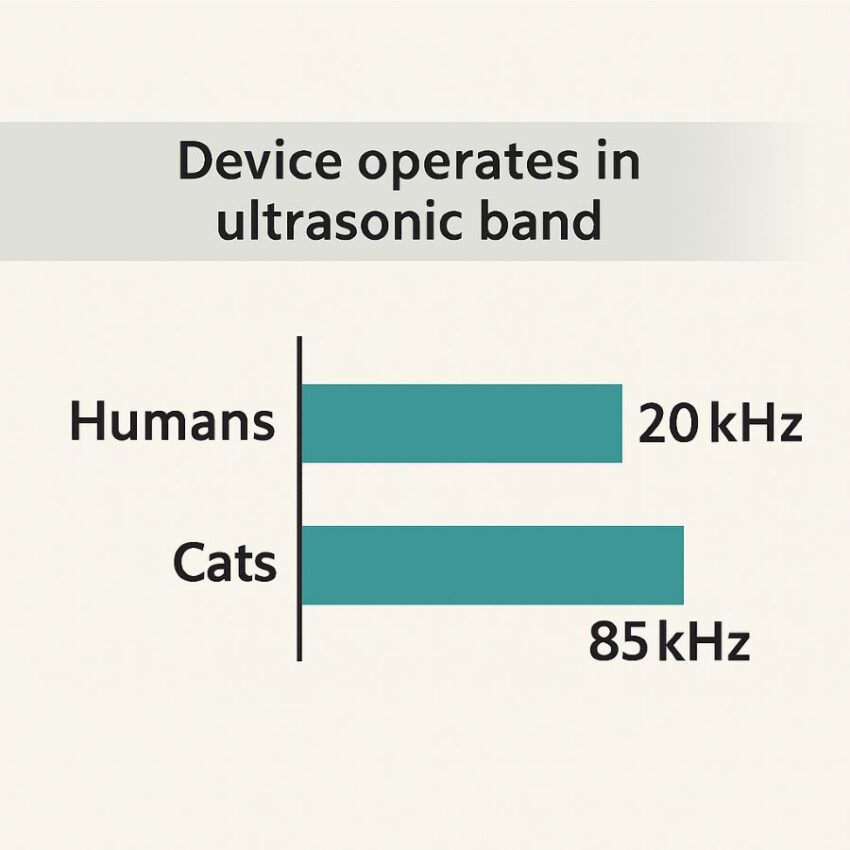 Hearing range comparison: humans to ~20 kHz, cats up to ~85 kHz; device emits ultrasonic