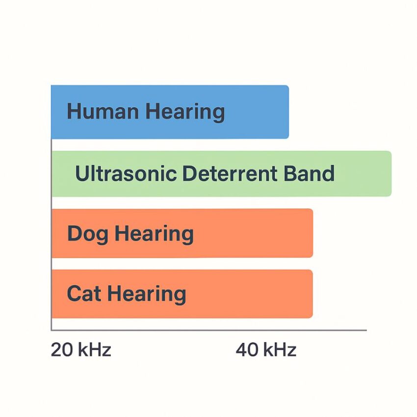 Hearing ranges for humans, dogs and cats with the ultrasonic deterrent band highlighted.