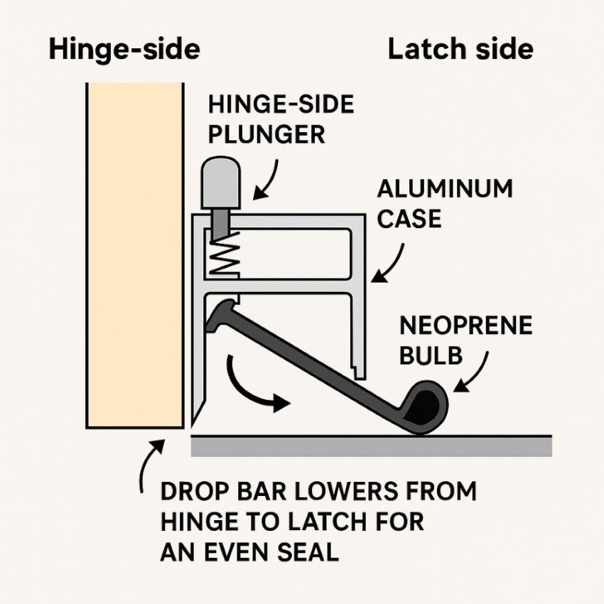 Hinge-side plunger activates the spring, drop bar lowers from hinge to latch for an even seal