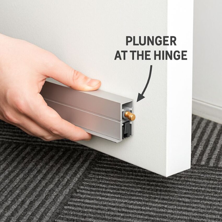 Holding the automatic door bottom flush on the push side with the plunger at the hinge