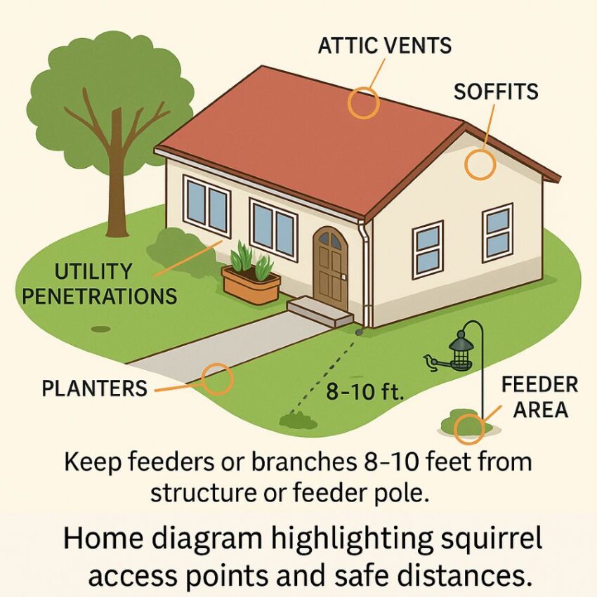 Home diagram highlighting squirrel access points and safe distances