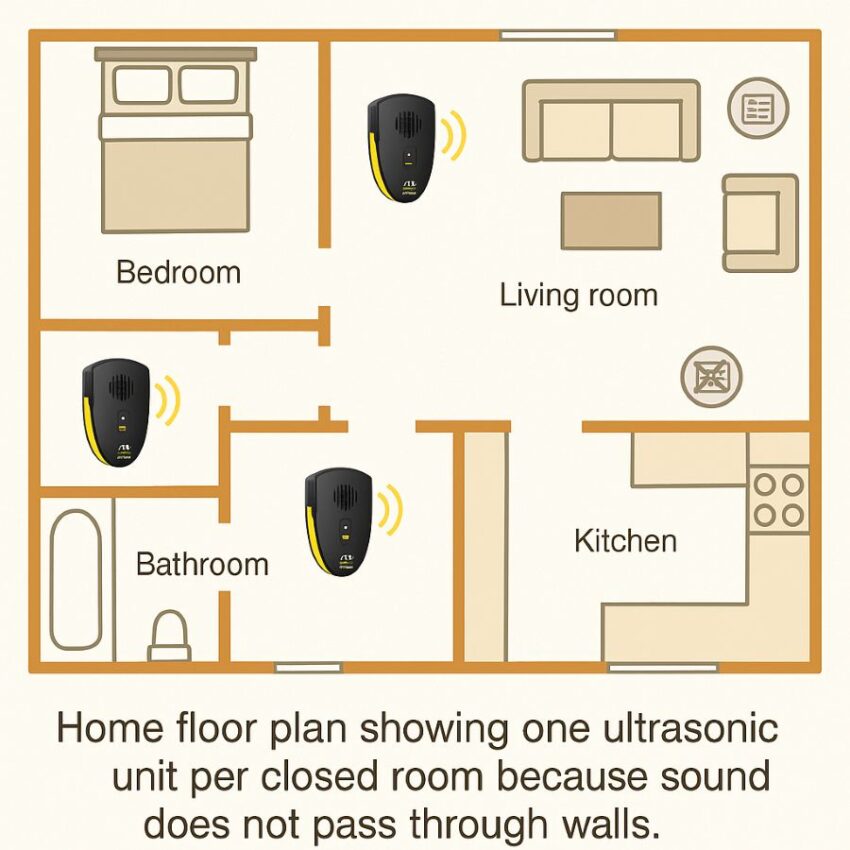 Home floor plan showing one ultrasonic unit per closed room because sound does not pass through walls