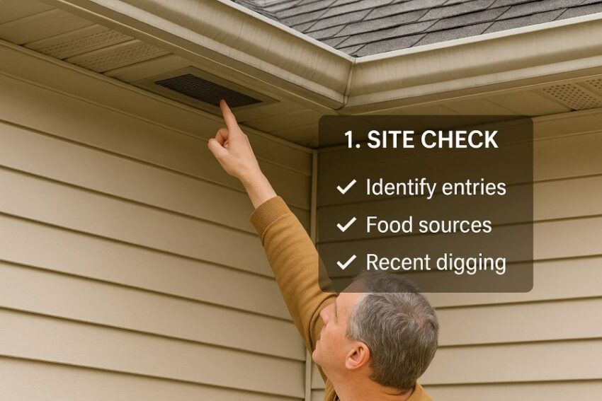 Homeowner inspecting roof vent and soffit for wildlife entry points.