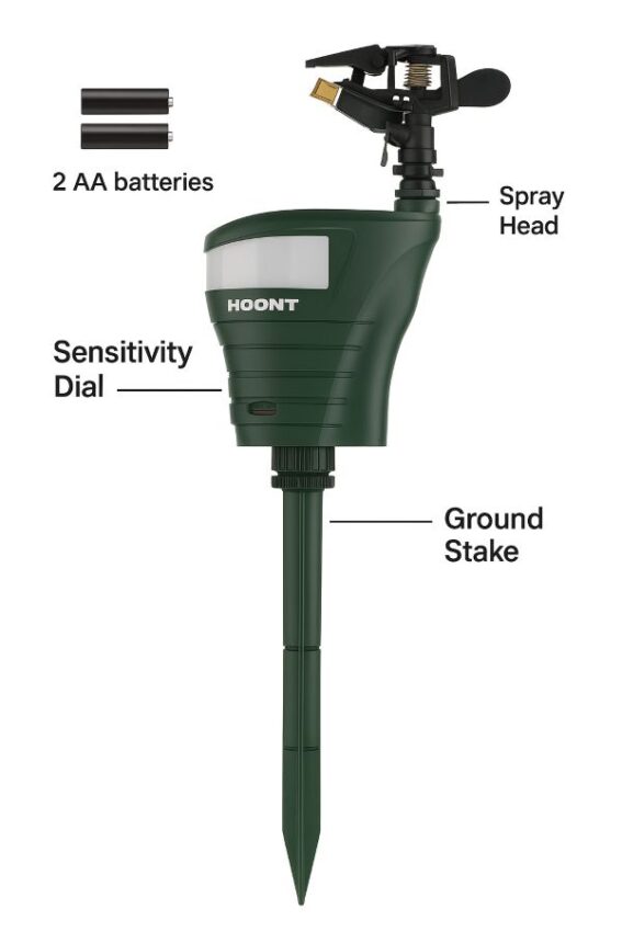 Labeled close-up of Hoont sprinkler showing battery compartment, sensitivity dial, spray head, and ground stake.