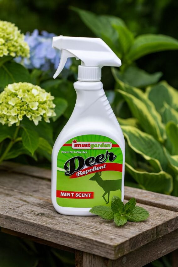 I Must Garden Deer Repellent, Mint Scent 32-oz bottle on a potting bench beside hydrangeas and hostas