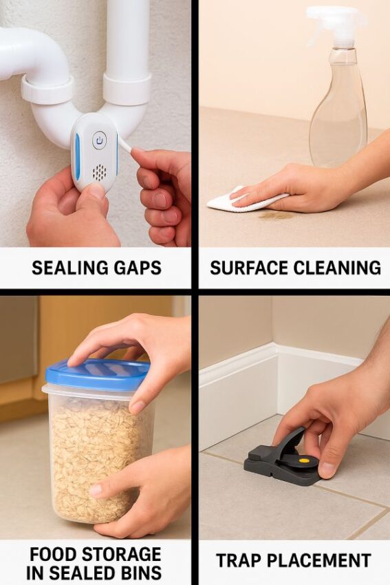 IPM steps collage showing sealing gaps, food storage in sealed bins, surface cleaning, and trap placement.