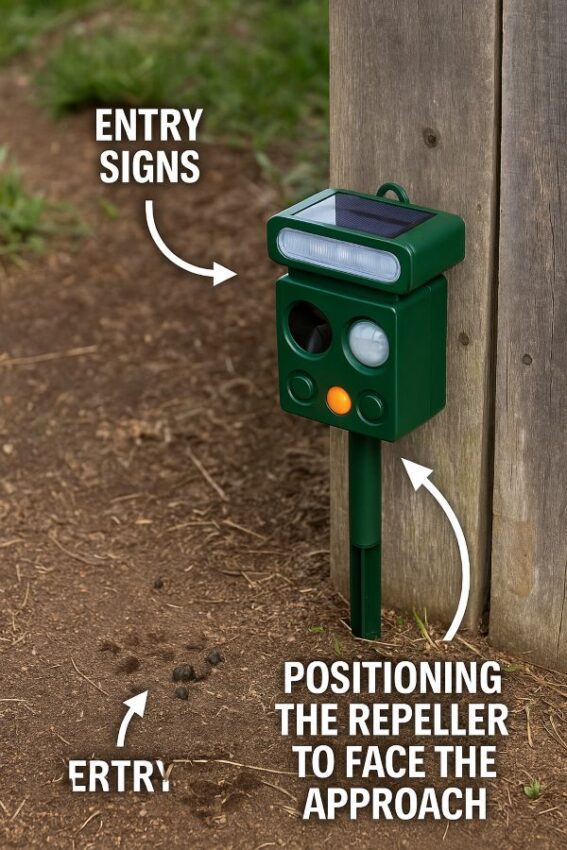Identifying wildlife entry signs and positioning the repeller to face the approach