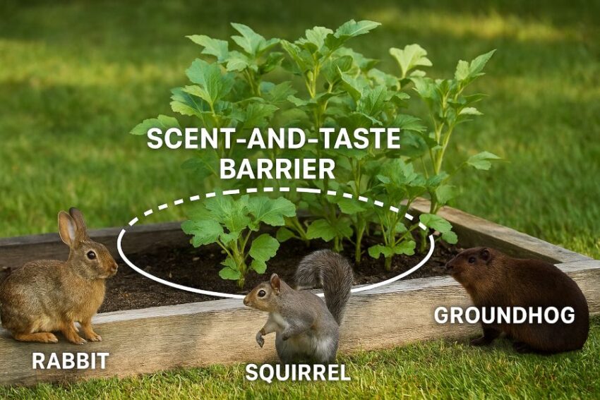 Illustrated scent-and-taste barrier around plants for rabbits, squirrels, and groundhogs