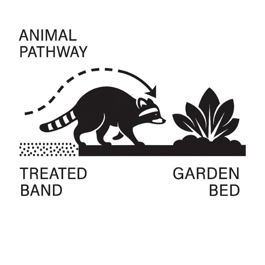 Illustration of a raccoon changing course after encountering a treated granular barrier along a garden edge