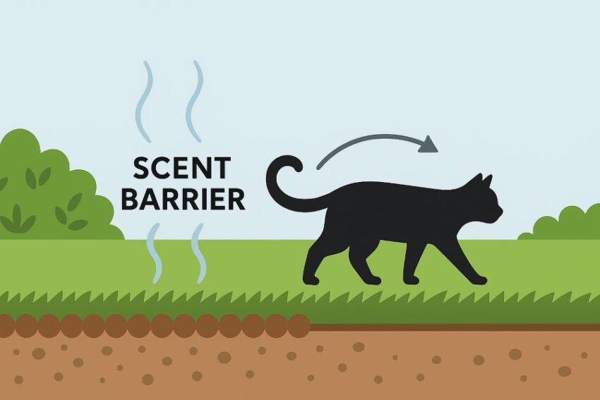 Illustration of a scent barrier created by predator-urine granules that encourages cats to avoid treated areas
