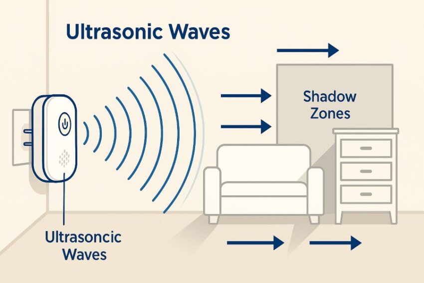 Illustration of ultrasonic waves reflecting off walls and creating shadow zones behind large furniture.