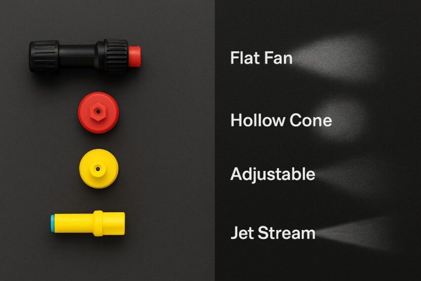 Included SOLO nozzles with example spray patterns for flat fan, hollow cone, adjustable, and jet stream.