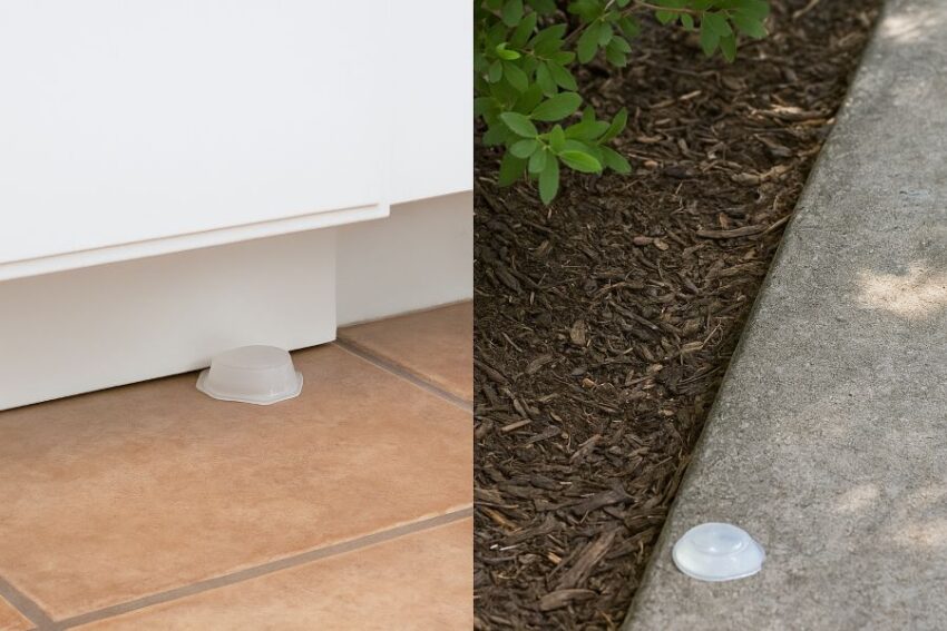 Indoor station under a toe-kick and an outdoor liquid station along a shaded mulch line