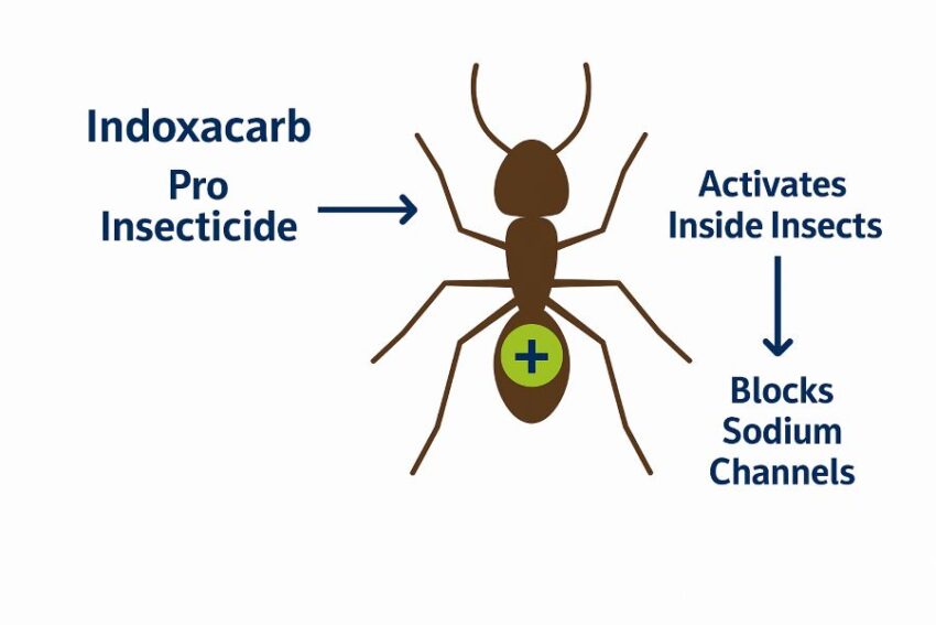 Indoxacarb shown as a pro insecticide that activates inside ants and blocks sodium channels