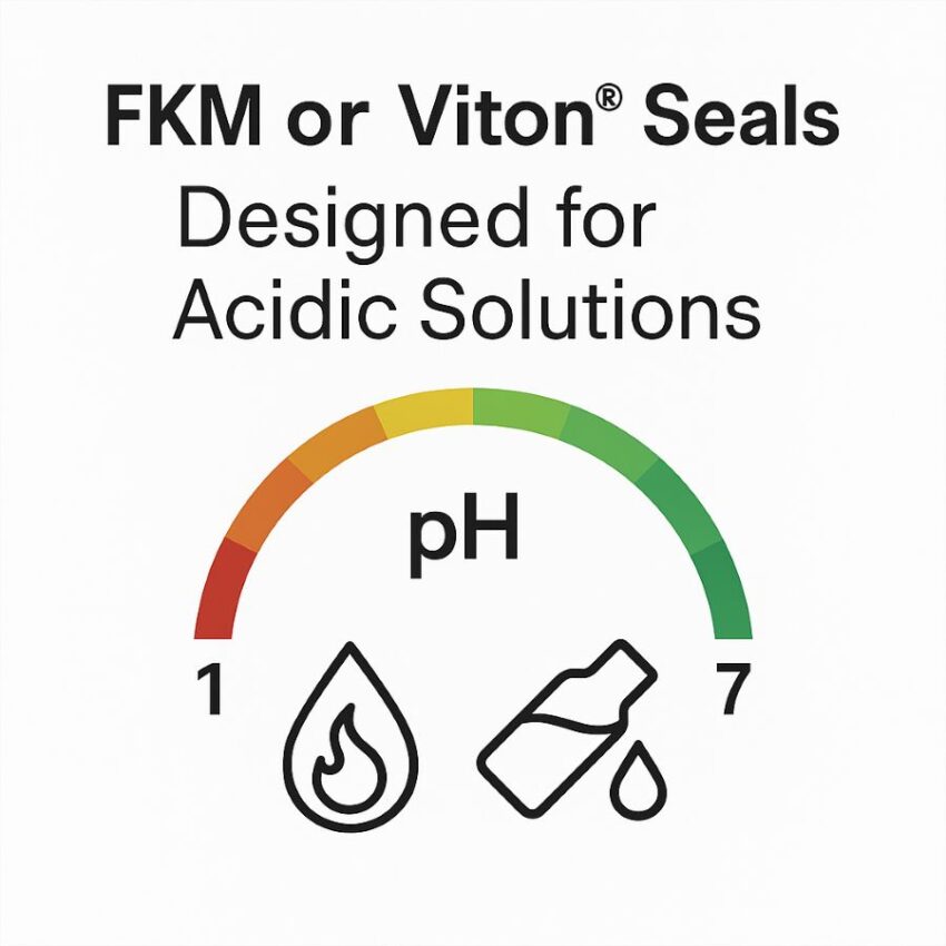 Infographic showing Viton or FKM seals designed for acidic solutions in the pH one to seven range