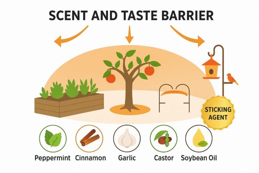 Infographic showing a scent and taste barrier created by essential oils and a sticking agent around target areas.