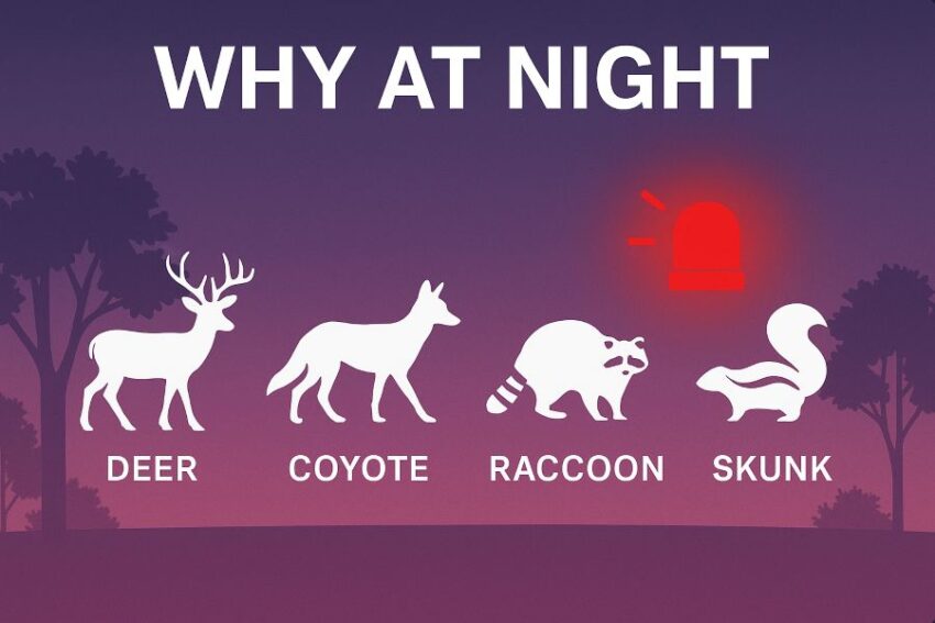 Infographic showing nocturnal and twilight activity of common yard predators next to a flashing red light