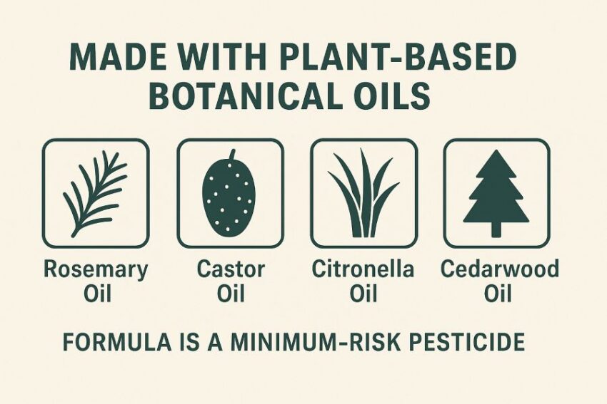 Ingredient icons for plant-based botanical oils with note that the formula is a minimum-risk pesticide