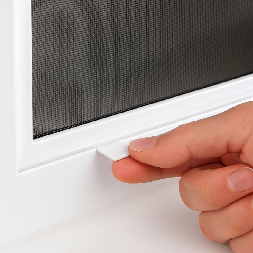 Installed screen frame sitting flush with no gaps; hand using pull tab to remove for cleaning