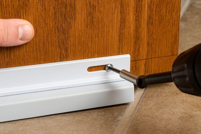 Installer aligning an automatic sweep using slotted holes and a pencil guideline before tightening screws.