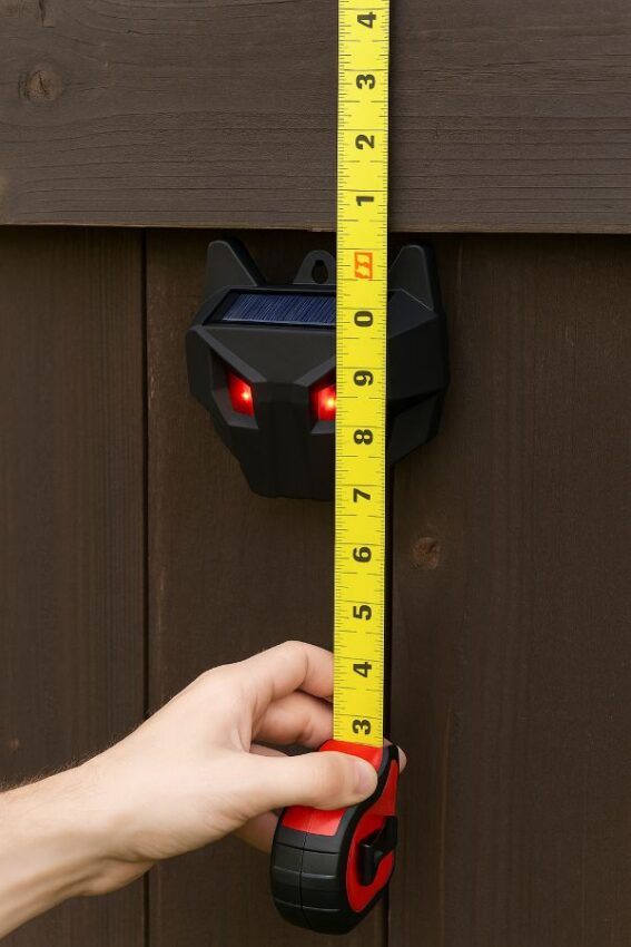 Installer measuring mounting height for predator lights at animal eye level.