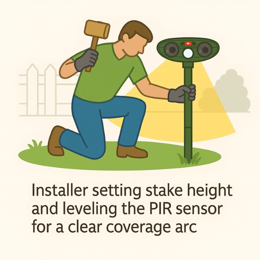 Installer setting stake height and leveling the PIR sensor for a clear coverage arc