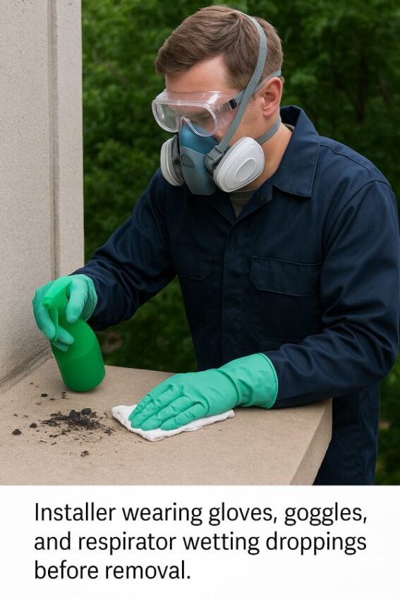 Installer wearing gloves, goggles, and respirator wetting droppings before removal.