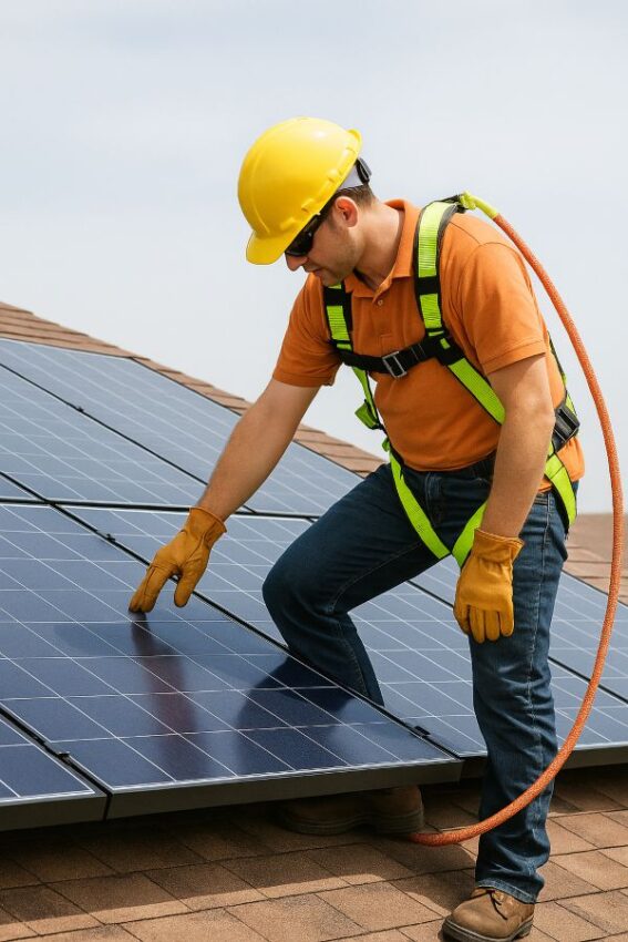 Installer with full-body harness and anchored lanyard performing rooftop work.