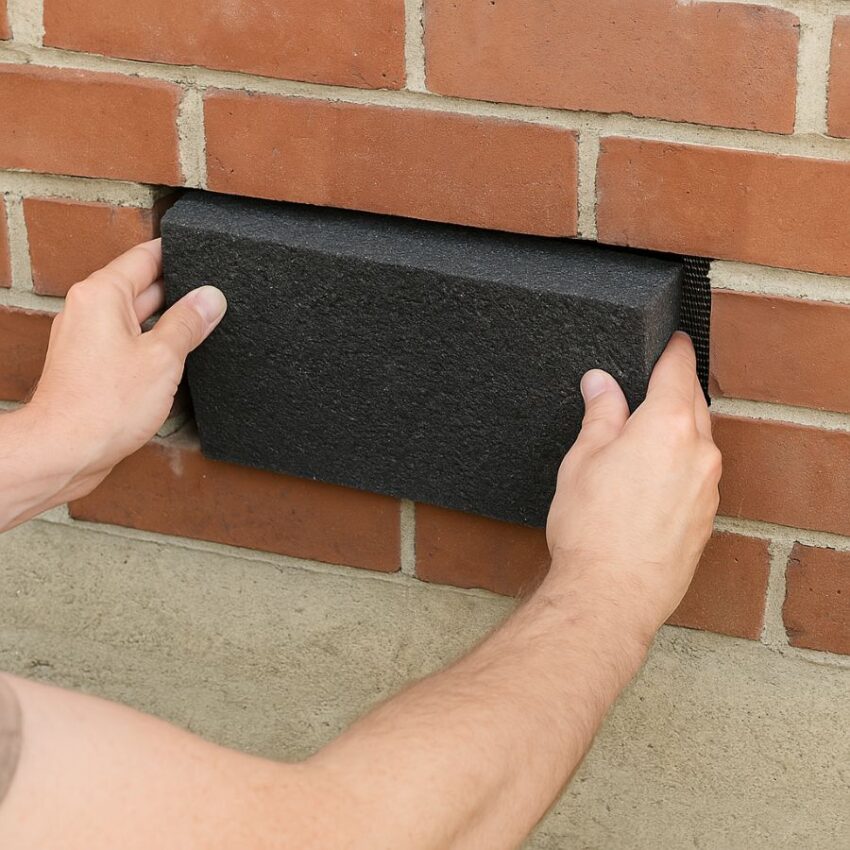Installing a 2 inch foam insert into a foundation vent opening to block airflow