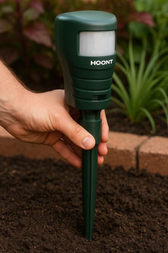 Installing the motion sprinkler by pressing on the ground stake while keeping the sensor head level