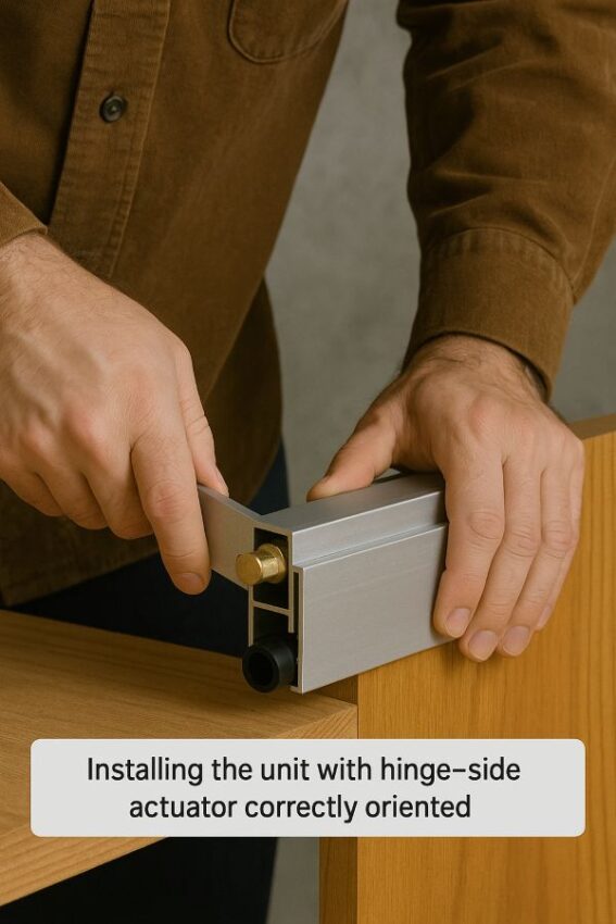 Installing the unit with the hinge-side actuator correctly oriented.