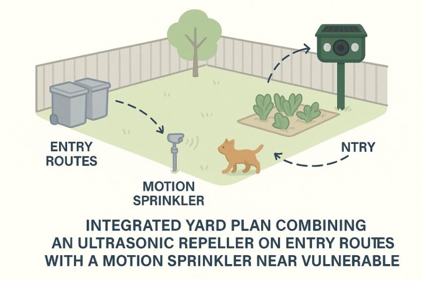 Integrated yard plan combining an ultrasonic repeller on entry routes with a motion sprinkler near vulnerable plants