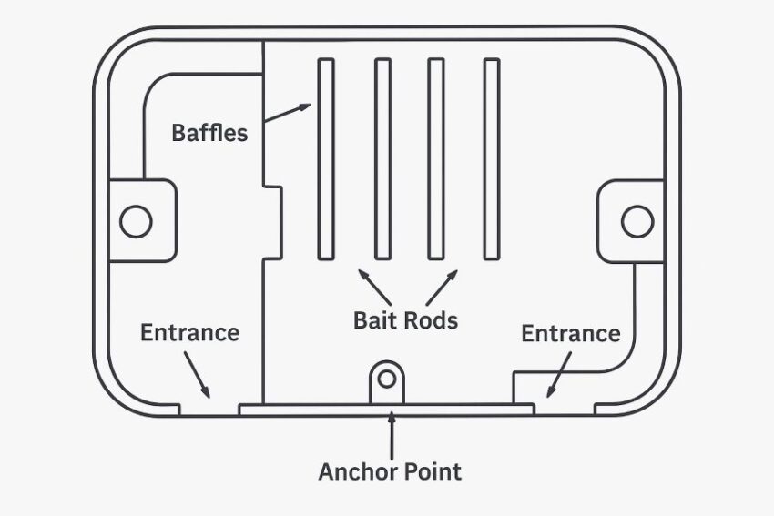 Interior layout of a tamper resistant bait station with entrances, baffles, and bait rods.
