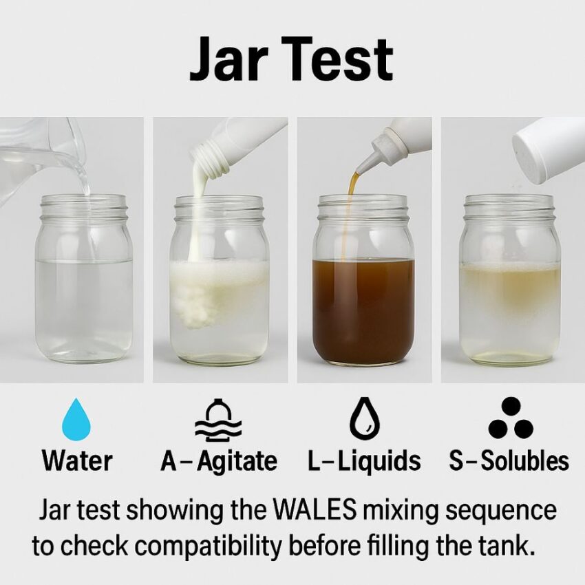 Jar test showing the WALES mixing sequence to check compatibility before filling the tank