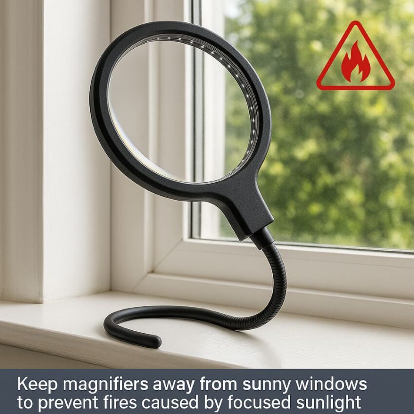 Keep magnifiers away from sunny windows to prevent fires caused by focused sunlight.
