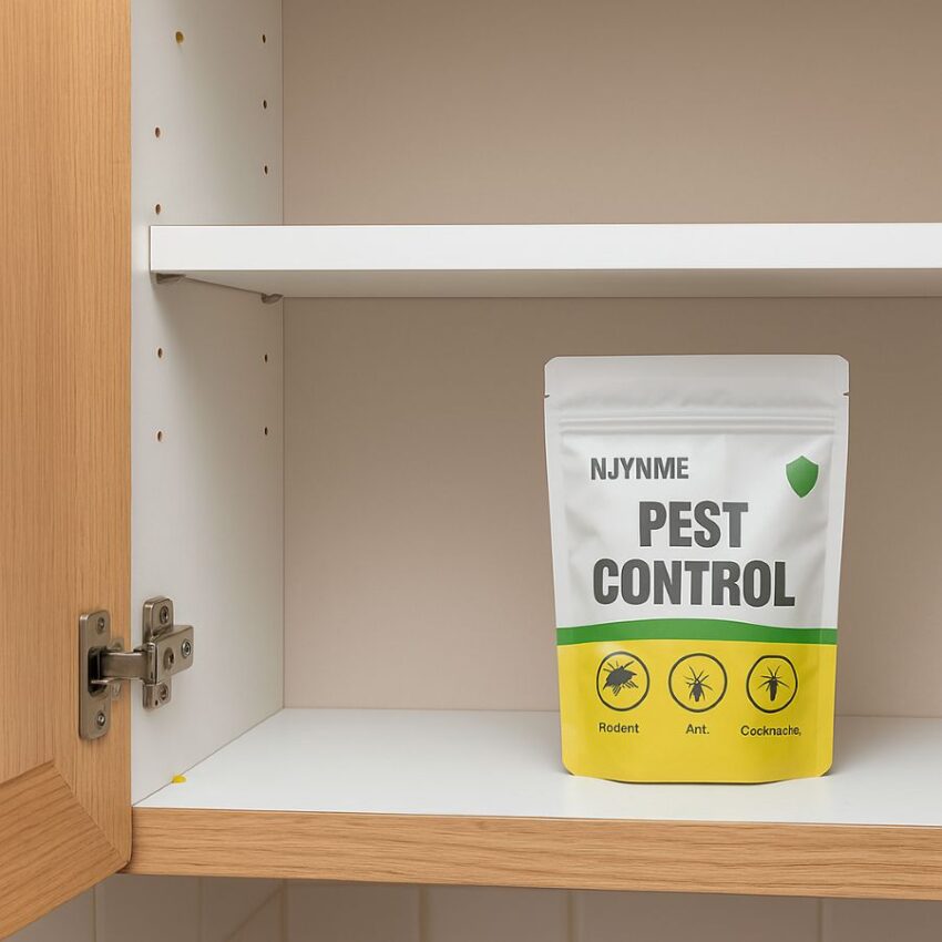 Kitchen cupboard with gel baits in crevices and a peppermint pouch as a space deterrent