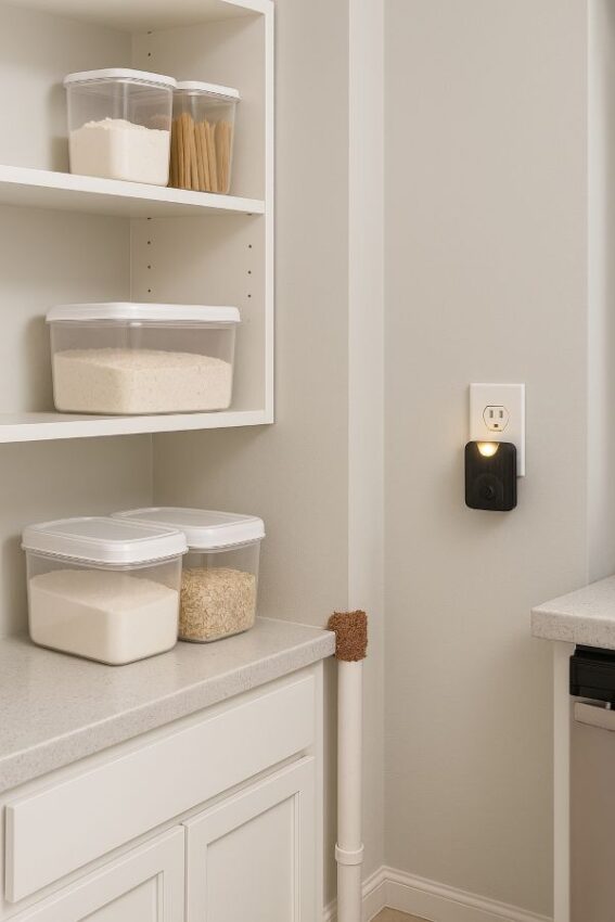 Kitchen with sealed pantry bins, copper mesh at a pipe gap, and an ultrasonic repeller across the room