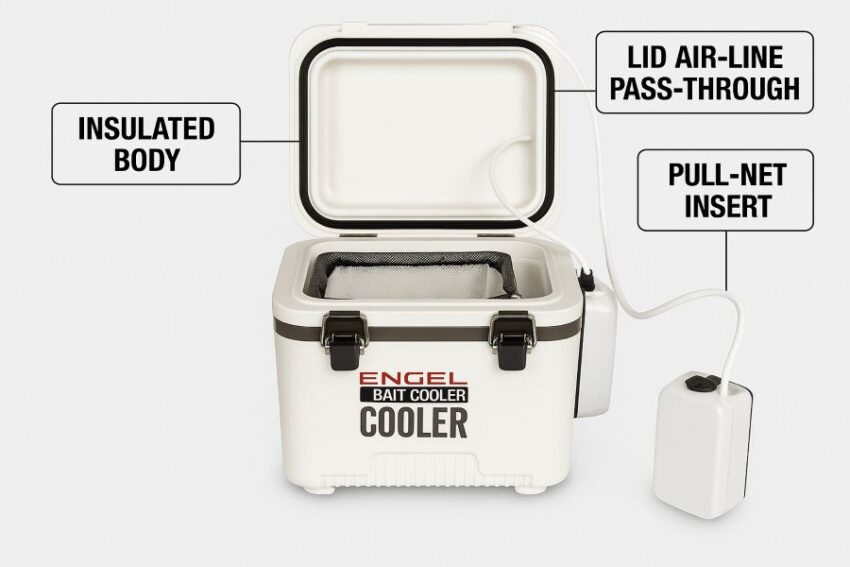 Labeled Engel bait cooler showing insulated walls, lid air-line pass-through, and pull-net insert.