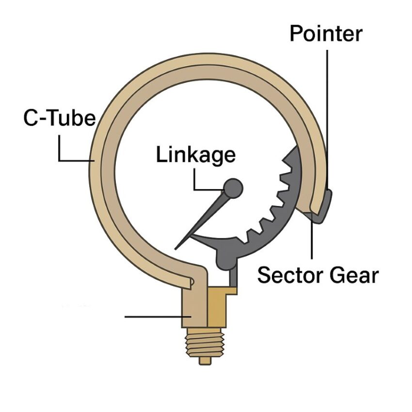 Labeled cutaway of a Bourdon tube pressure gauge showing C-tube, linkage, sector gear, and pointer.