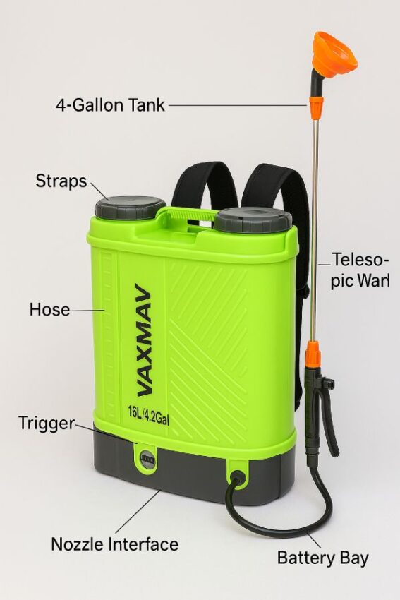 Labeled diagram of a four gallon battery backpack sprayer, tank, straps, wand, nozzles and battery bay