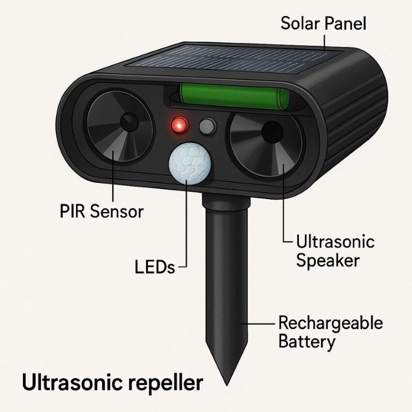 Labeled diagram of ultrasonic repeller showing PIR sensor, ultrasonic speaker, LEDs, and solar battery