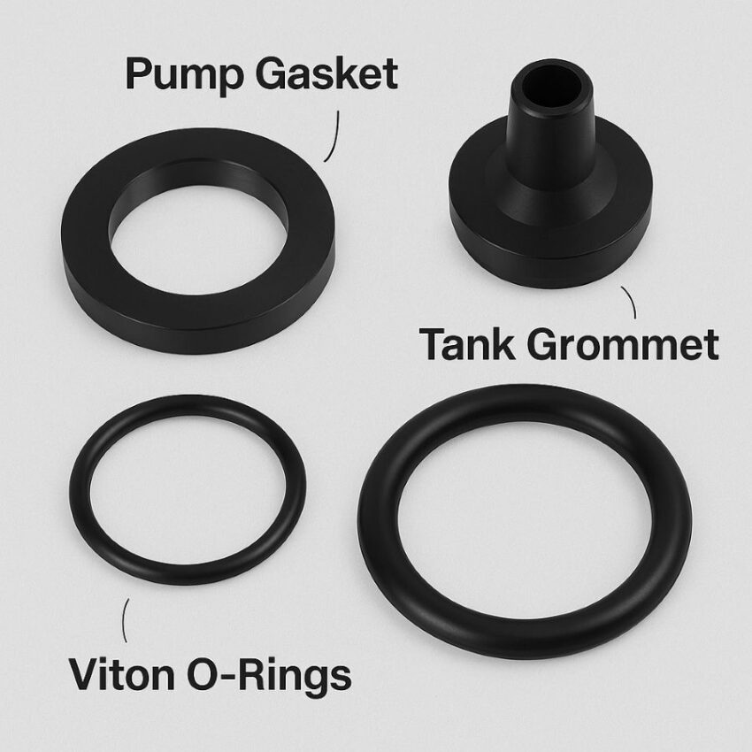 Labeled parts from the 182656 kit, including pump gasket, tank grommet, and two Viton O-rings