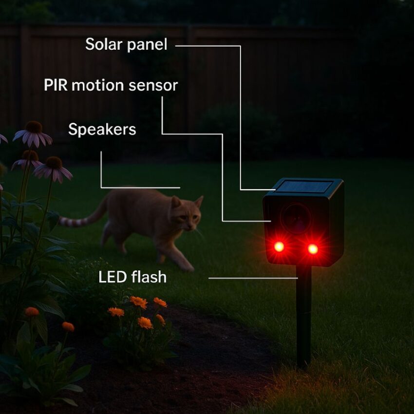 Labeled parts of an outdoor solar ultrasonic animal repeller showing the solar panel, PIR motion sensor, speakers and LED lights