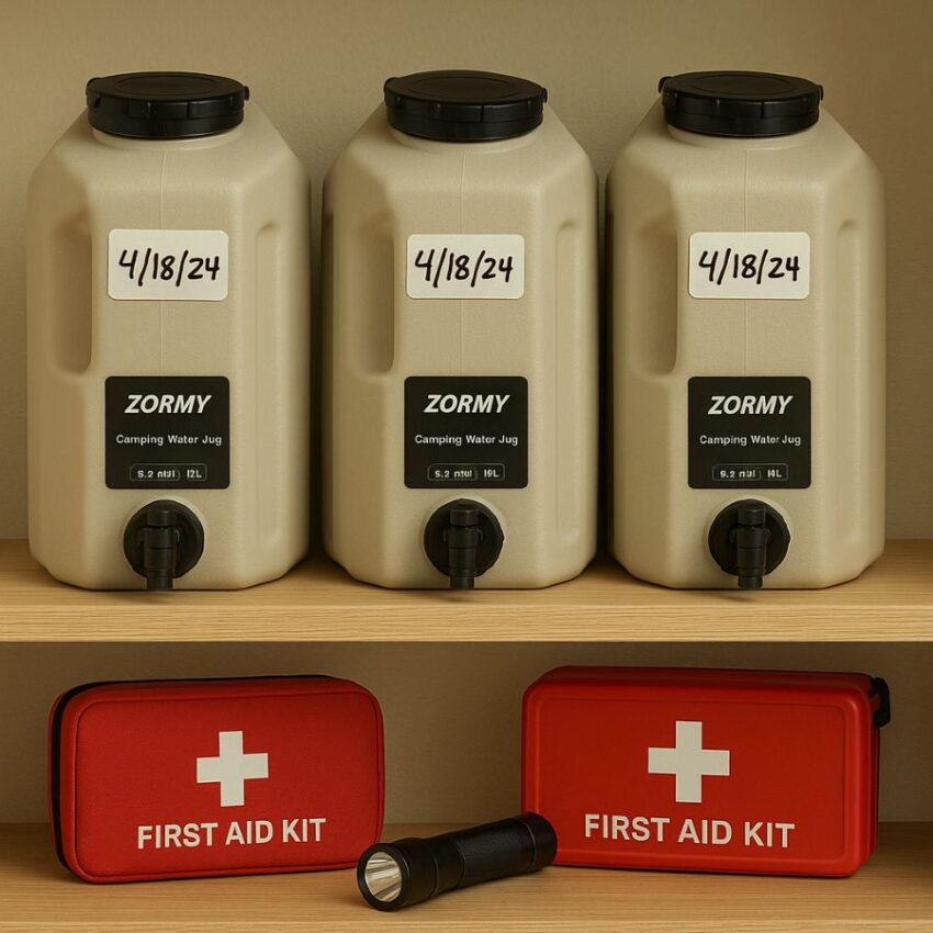 Labeled water jugs stored with an emergency kit, showing date rotation.