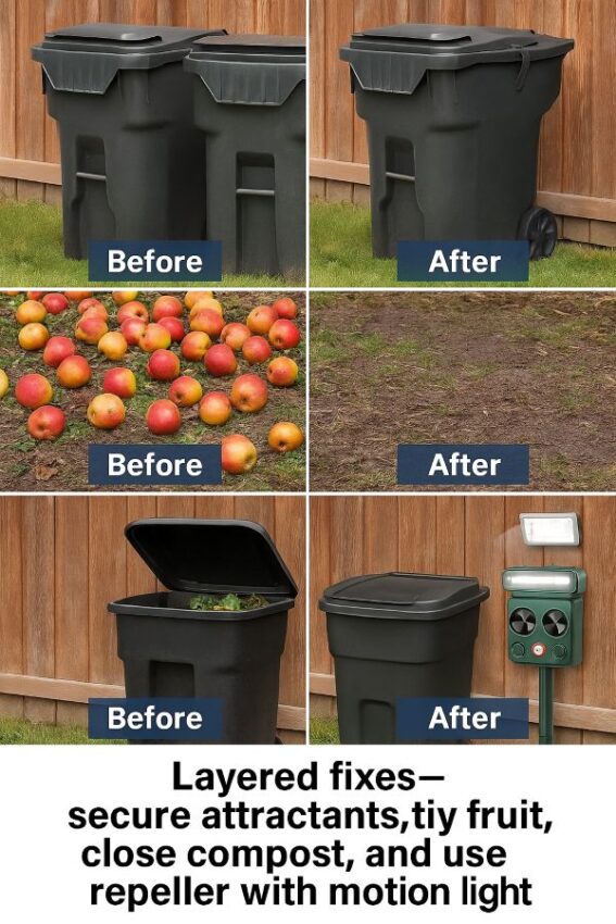 Layered fixes; secure attractants, tidy fruit, close compost, and use repeller with motion light