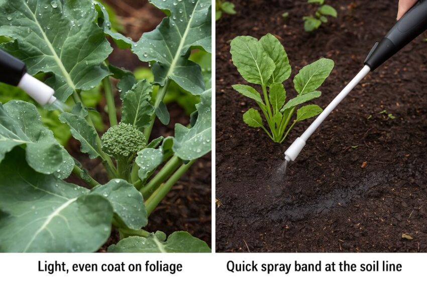 Light, even coat on foliage and a short spray band at the soil line for extra protection