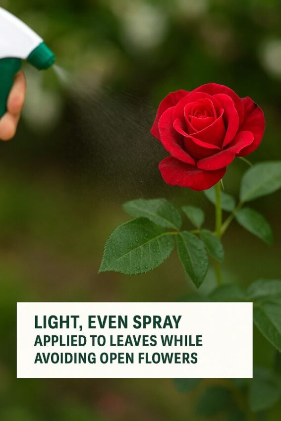 Light, even spray applied to leaves while avoiding open flowers.