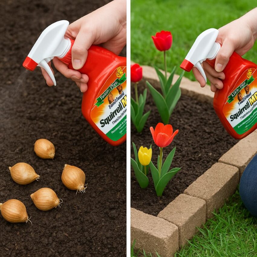 Light mist on bulbs before planting and a perimeter spray around the bed to discourage digging