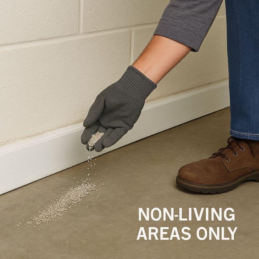 Lightly sprinkling granules in a garage corner, limited to non-living areas per the label
